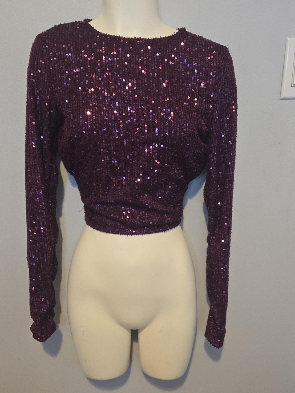 Lulu's Deep Purple Sequin Long-Sleeve Crop Top